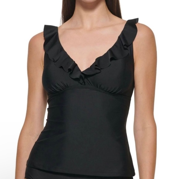 DKNY Black Tankini Top Sz Medium Ruffle Straps NWOT - Picture 1 of 9